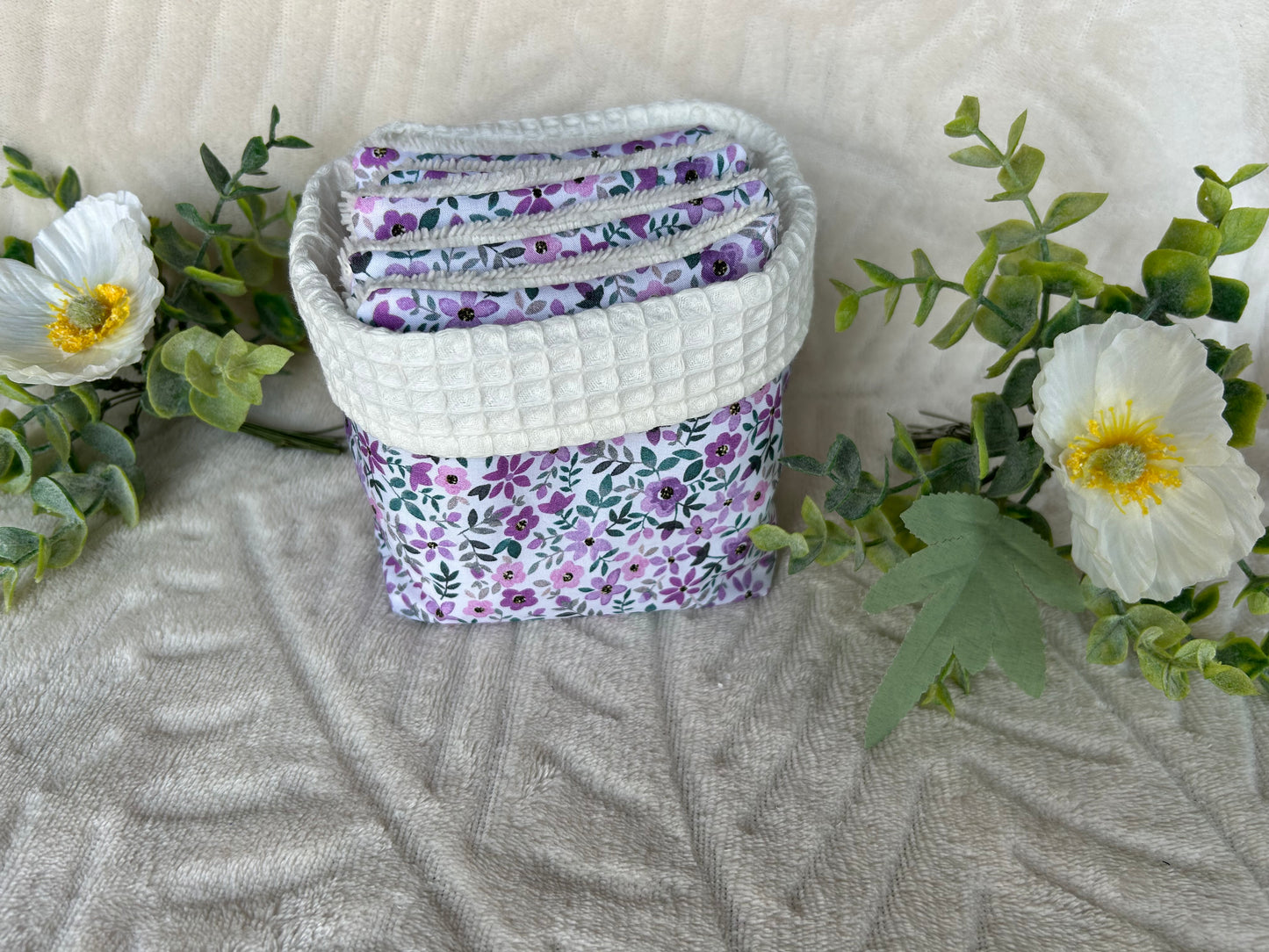 Panière et ses 5 cotons « fleur violette»