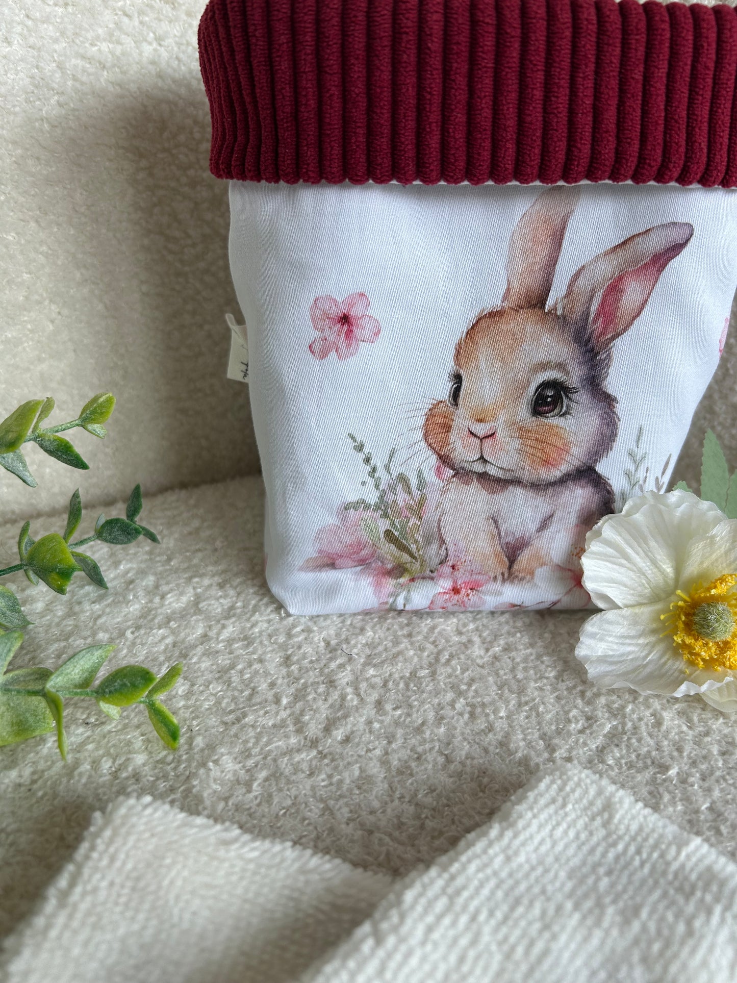 Panière tissu taille M – Thème animaux «lapin fleur rose »