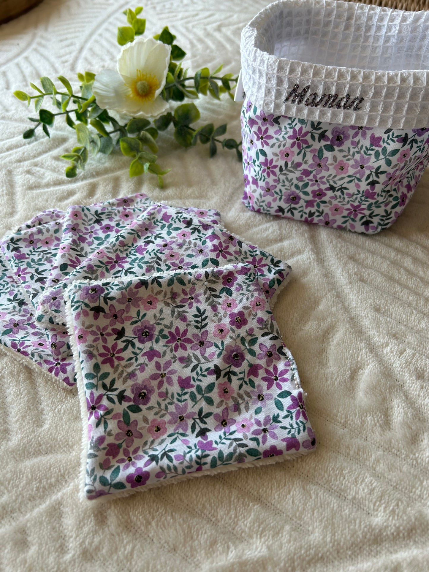 Panière et ses 5 cotons « fleur violette»