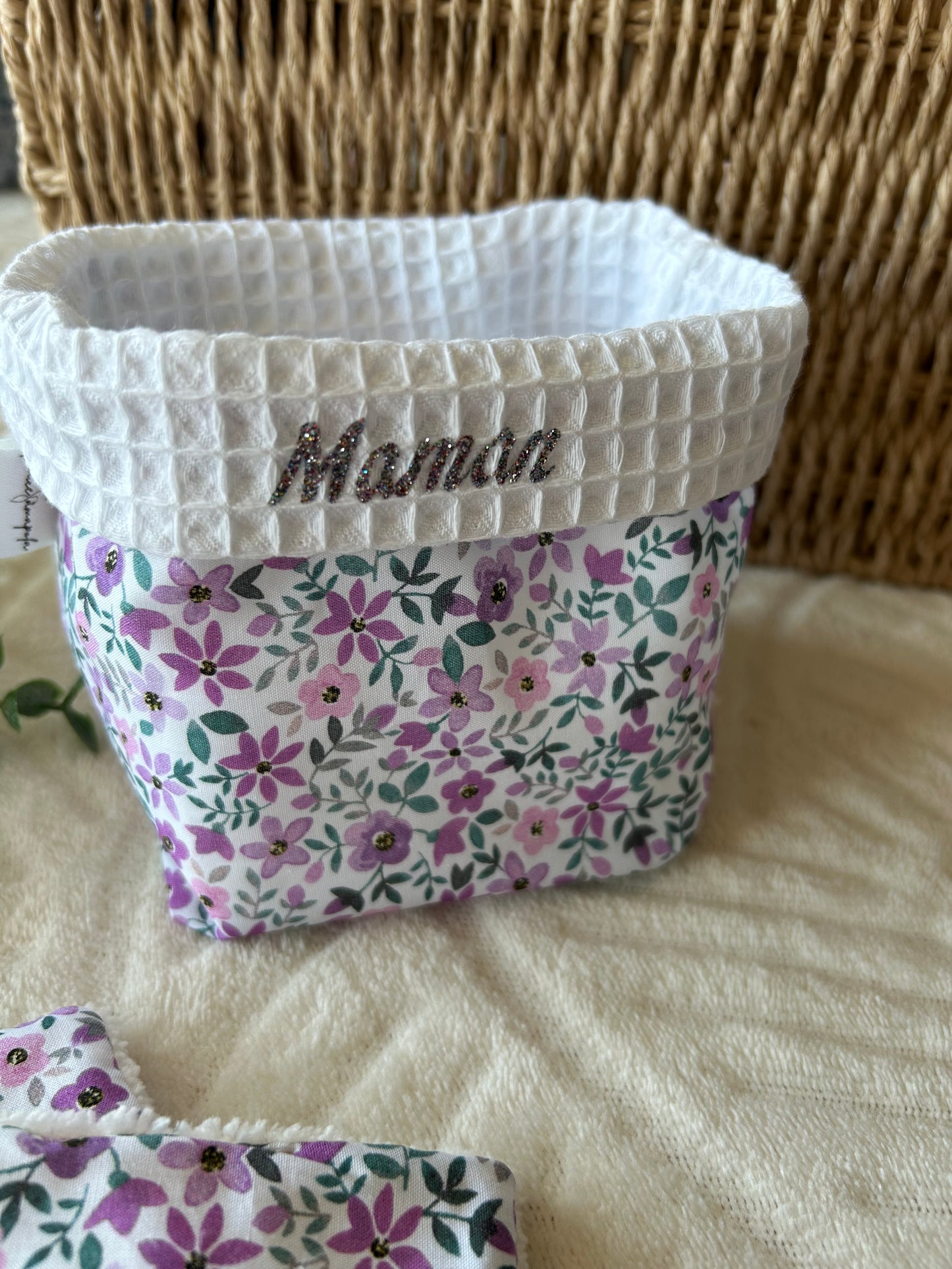 Panière et ses 5 cotons « fleur violette»