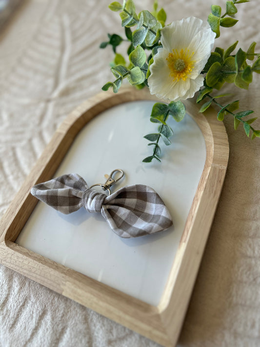 Porte clef noeud à carreaux taupe taille S ou M (personnalisable)