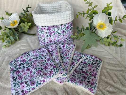 Panière et ses 5 cotons « fleur violette»