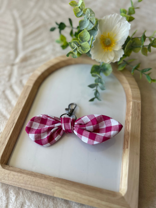 Porte clef noeud à carreaux rose taille S ou M (personnalisable)